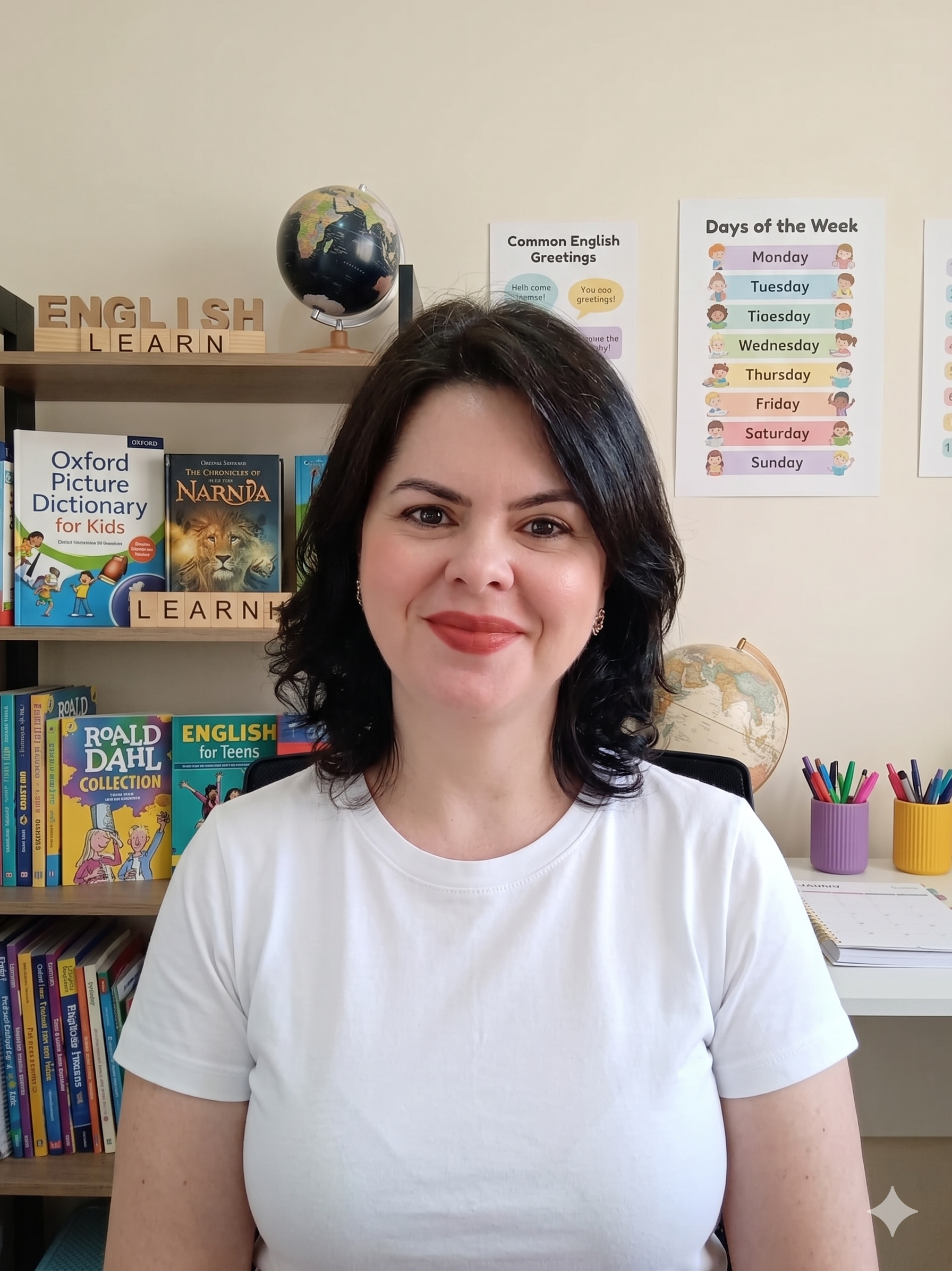 Professora Bruna em ambiente de aula com livros, materiais de inglês e recursos educativos